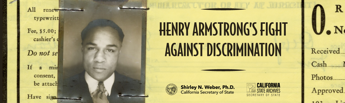 Henry Armstrong's Fight Against Discrimination exhibit graphic with an image of Henry Armstrong.