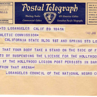 Los Angeles Council of the National Negro Congress Telegram, State Athletic Commission Records, Investigation Files, F2219, California State Archives.