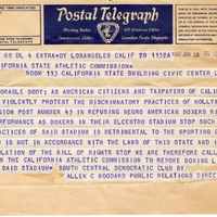 South Central Democratic Club Telegram, State Athletic Commission Records, Investigation Files, F2219, California State Archives.