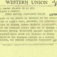 Thumbnail for Telegram from Georgia Governor Goodwin Knight complaining about the use of federal troops to enforce integration of Little Rock Central High School, page 1