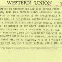 Thumbnail for Telegram from Georgia Governor Goodwin Knight complaining about the use of federal troops to enforce integration of Little Rock Central High School, page 2